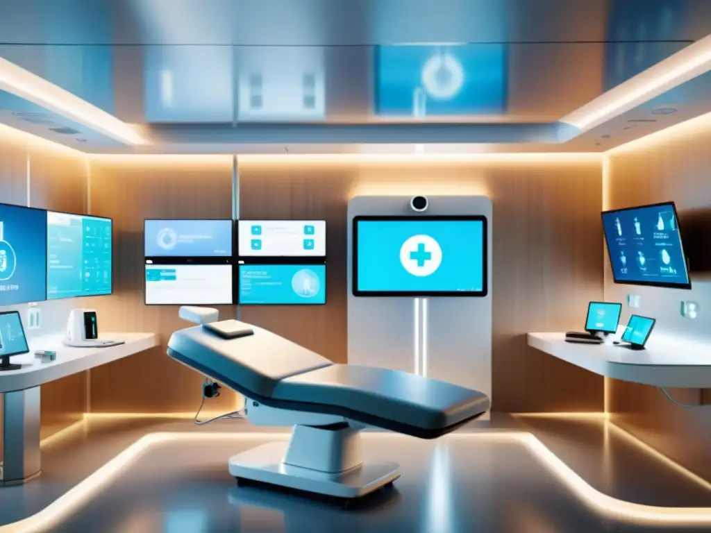 Moderna habitación de hospital con telemedicina con inteligencia artificial, equipamiento médico avanzado y ambiente tecnológico de vanguardia