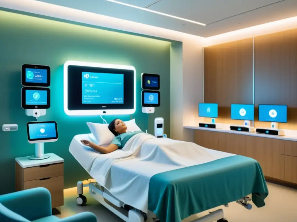 Moderna habitación hospitalaria con dispositivos IoT mejorando calidad vida pacientes