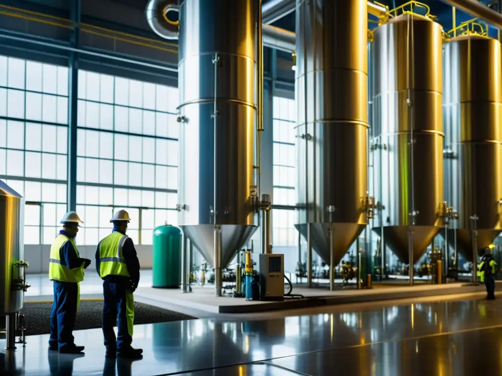Una moderna instalación de producción de biodiésel con maquinaria futurista y trabajadores supervisando el proceso