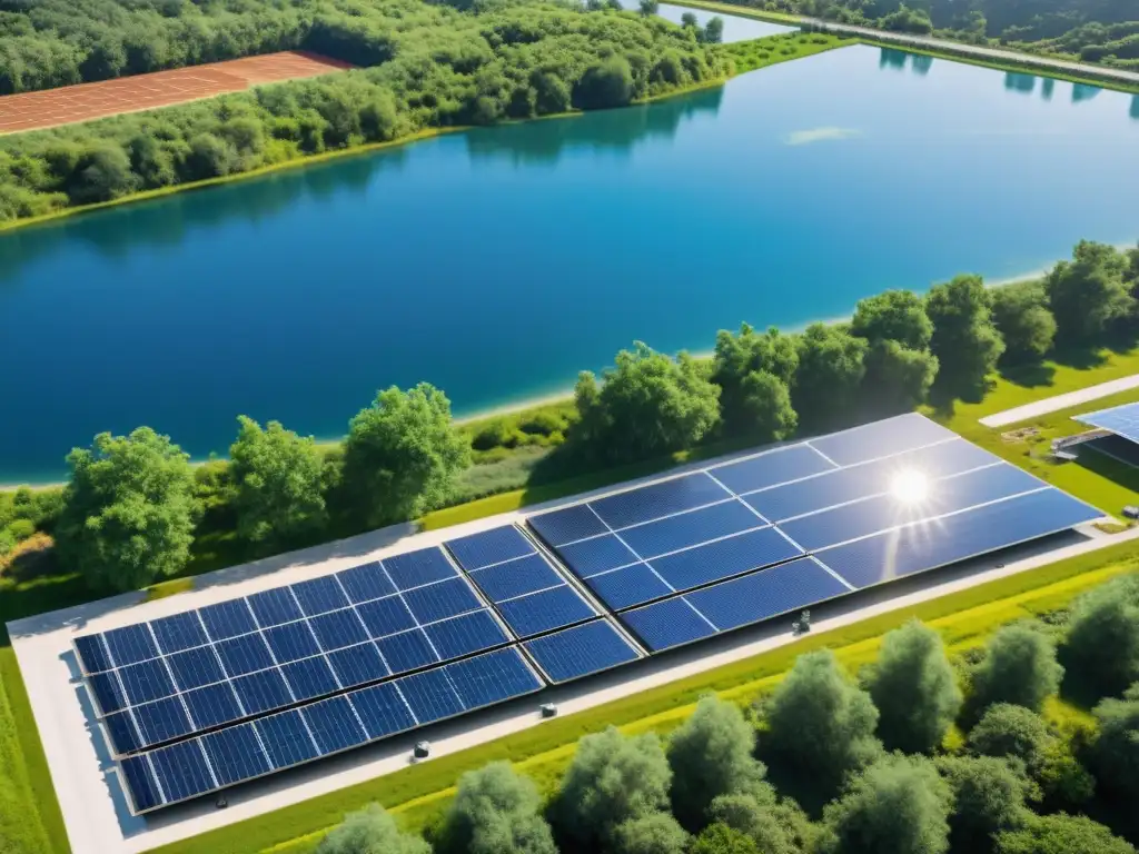 Instalación moderna de paneles solares en planta de tratamiento de agua, reflejando el sol en el agua cristalina