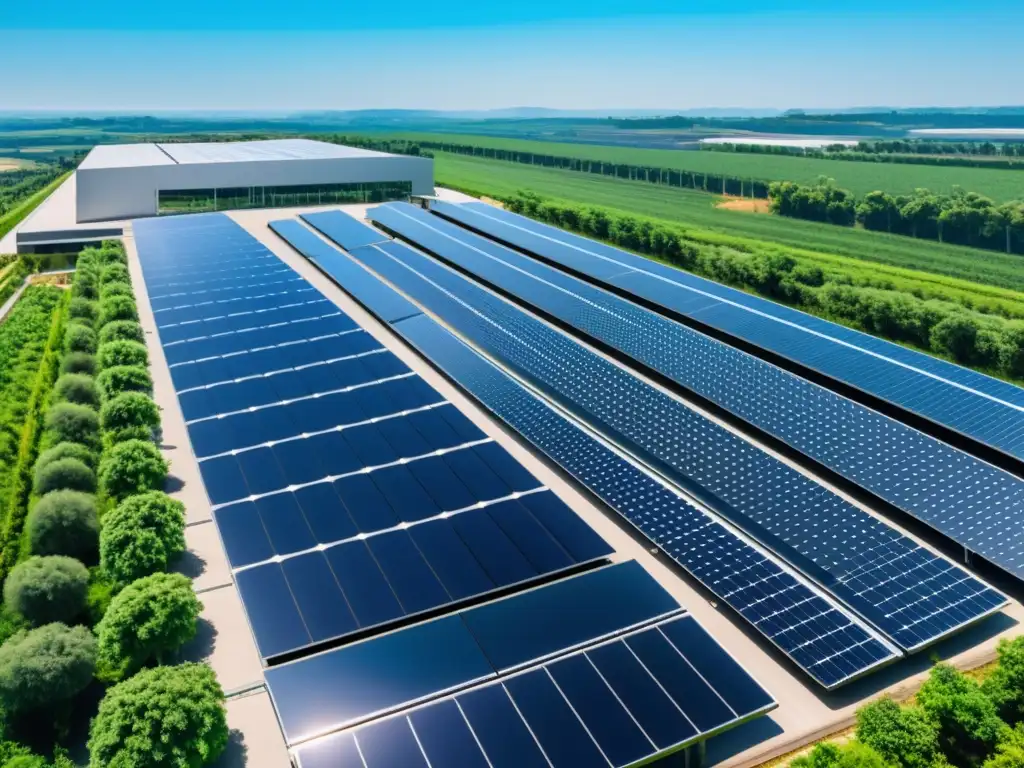 Moderna fábrica con paneles solares en el techo, rodeada de vegetación y cielos despejados