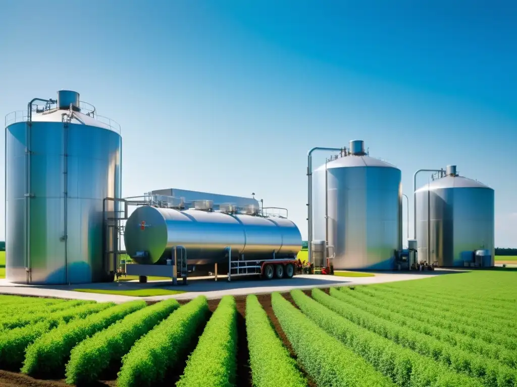Una moderna planta de producción de biodiesel rodeada de campos verdes y cielos azules, con trabajadores expertos