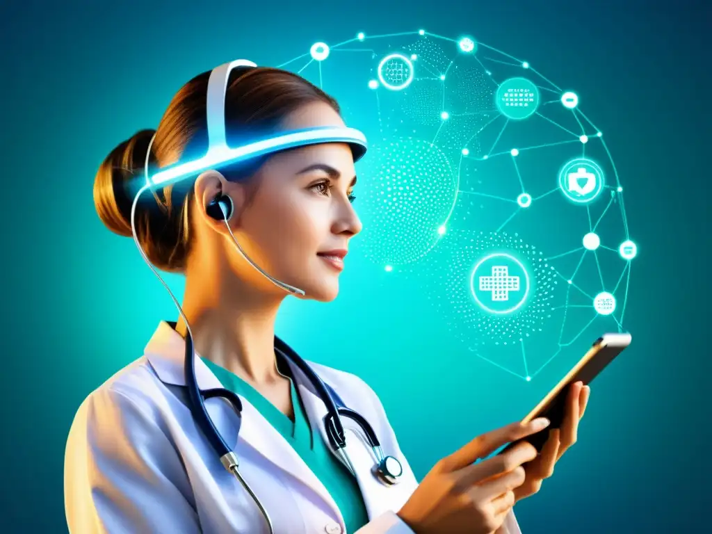 Una ilustración moderna de alta resolución muestra una red de dispositivos médicos e IoT en telemedicina: salud global, conectando a proveedores y pacientes en entornos globales diversos, con un flujo de datos y comunicación sin problemas