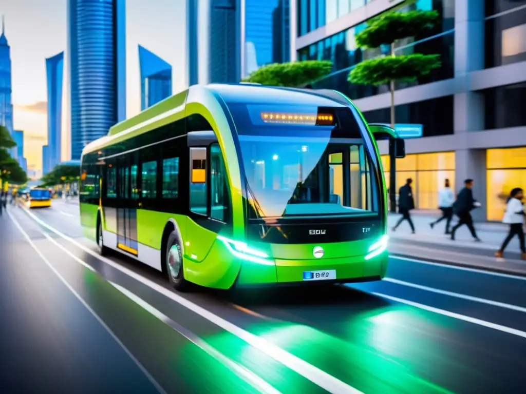 Un moderno autobús eléctrico de quinta generación avanza en la ciudad, con tecnologías eficientes y un diseño futurista