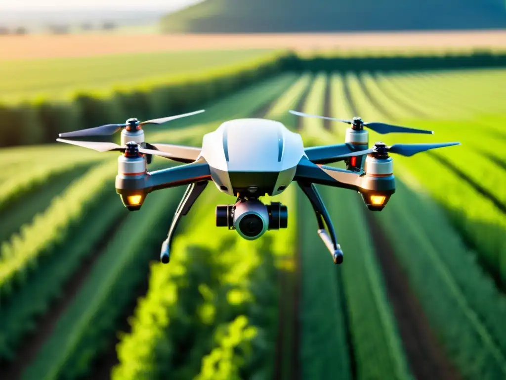 Dron agrícola moderno sobrevolando un campo verde exuberante, capturando tecnología avanzada para cosechas saludables
