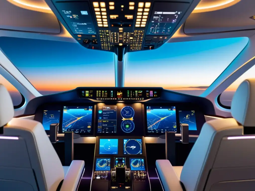 Moderno cockpit de avión con IoT en la aviación segura, tecnología futurista, interfaces digitales y diseño innovador para vuelos eficientes