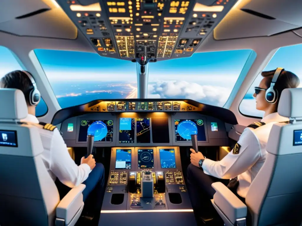 Moderno cockpit de avión con IoT en la aviación segura, pantallas futuristas y tecnología avanzada para vuelos eficientes