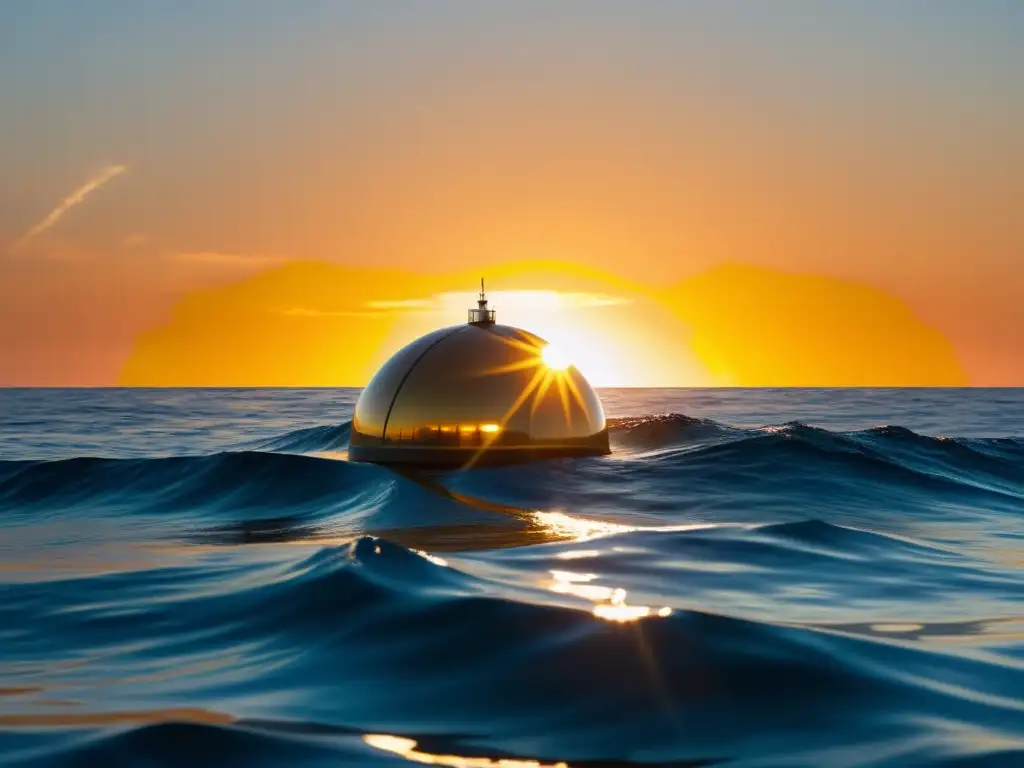 Un moderno convertidor de energía de olas flotando sobre el mar al atardecer, capturando la promesa de aprovechamiento energía olas mar