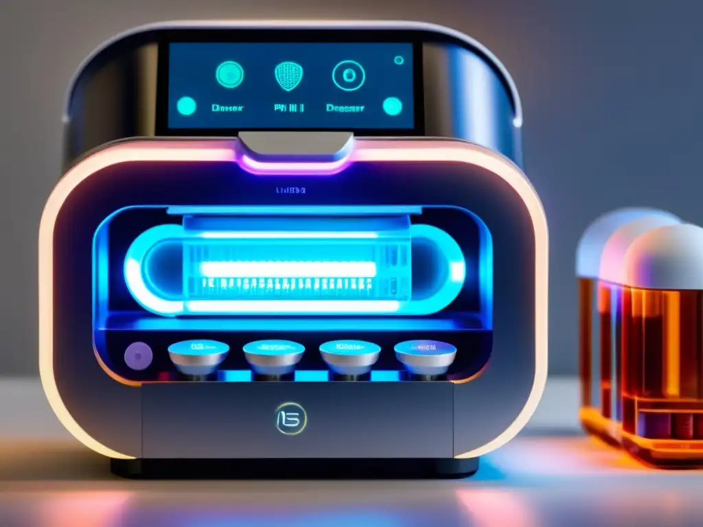 Un moderno dispensador de pastillas con tecnología IoT, iluminado y futurista