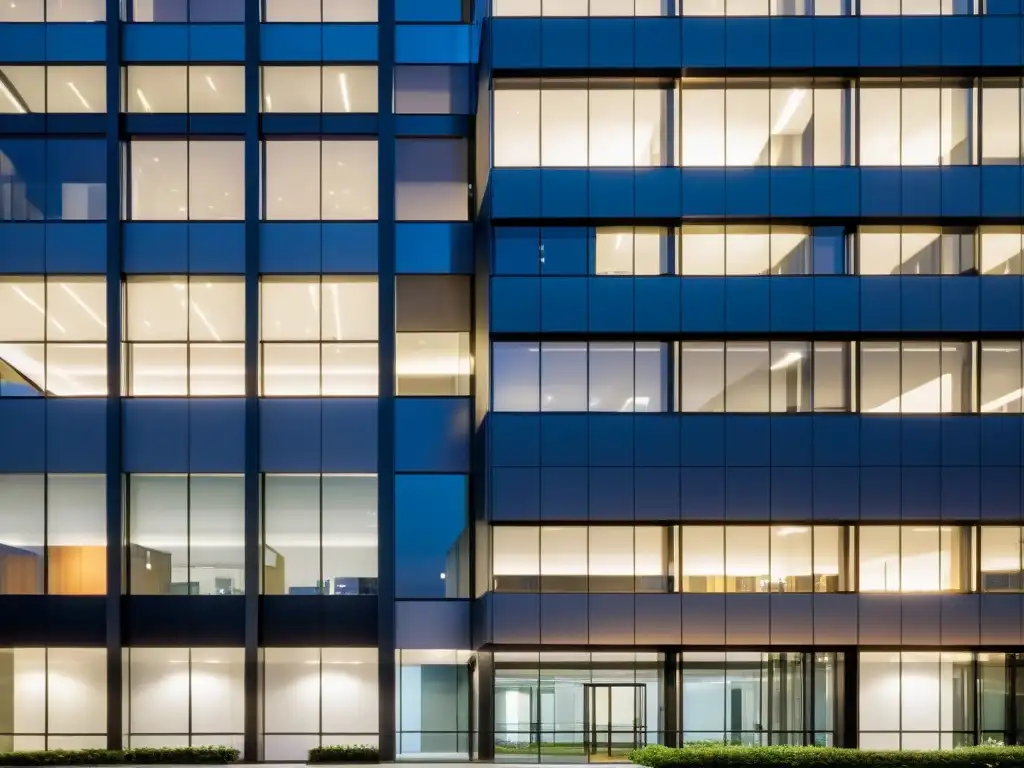 Moderno edificio de oficinas en la noche, con ventanales brillantes y tecnología de vanguardia