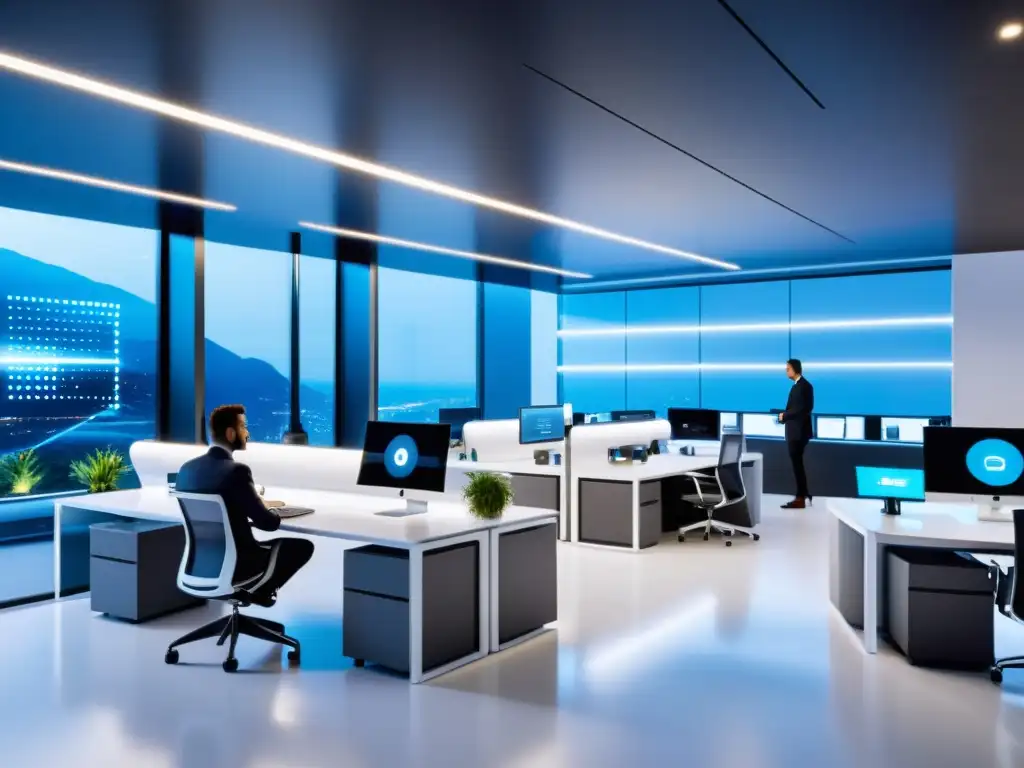 Oficina futurista con IoT integrado: espacio minimalista y colaborativo Un moderno espacio de oficina IoT que refleja la transformación del ambiente laboral