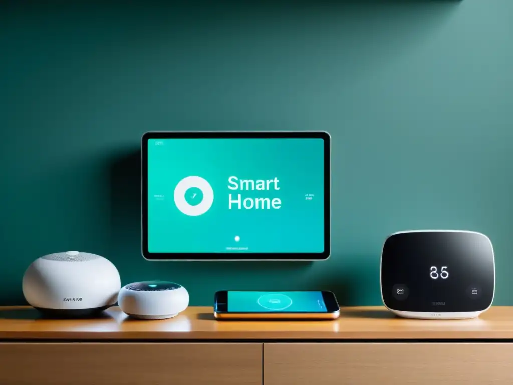 Domótica moderna: comodidad y seguridad en casa Un moderno hogar inteligente con dispositivos IoT, mostrando conveniencia y riesgos de seguridad en dispositivos IoT