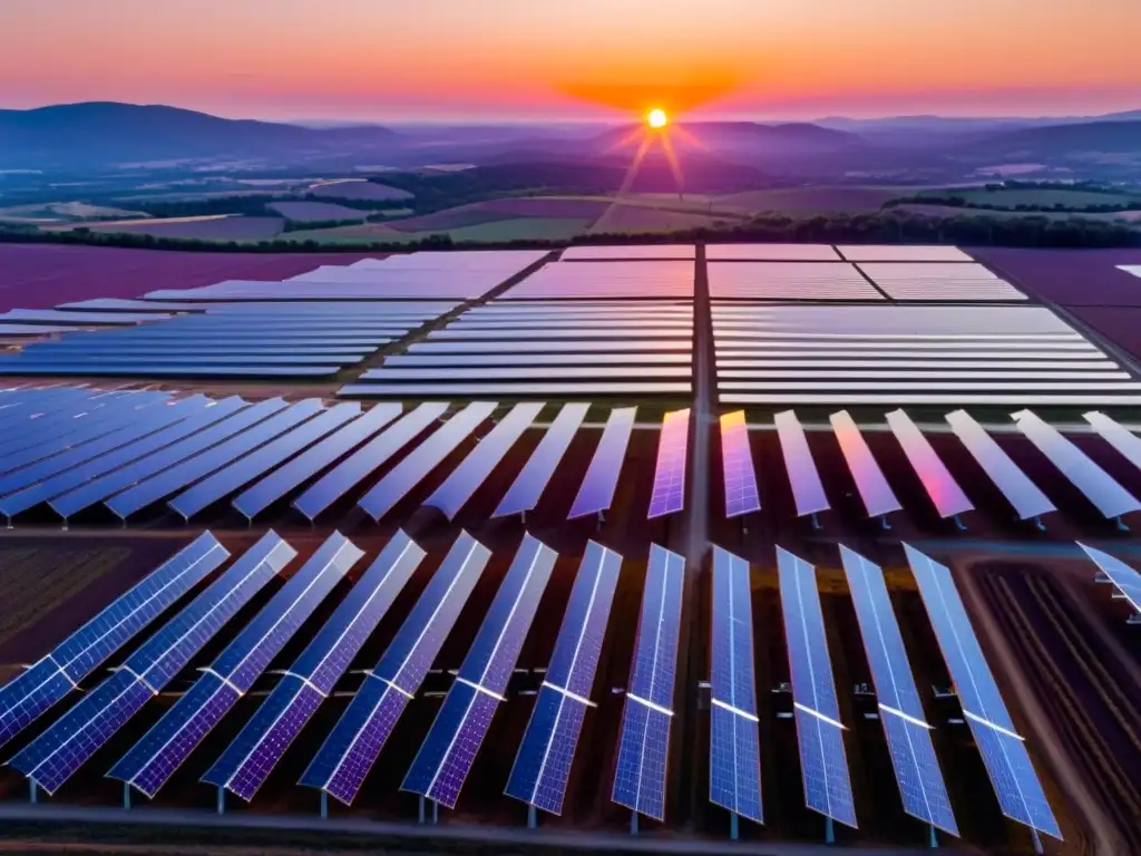 Un moderno parque solar al atardecer, con paneles relucientes y un cielo de tonos cálidos