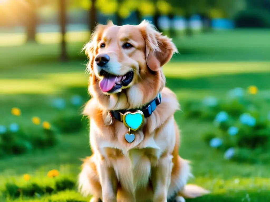 Un moderno rastreador para mascotas con GPS, monitor de ritmo cardíaco y actividad, en un collar elegante en un golden retriever