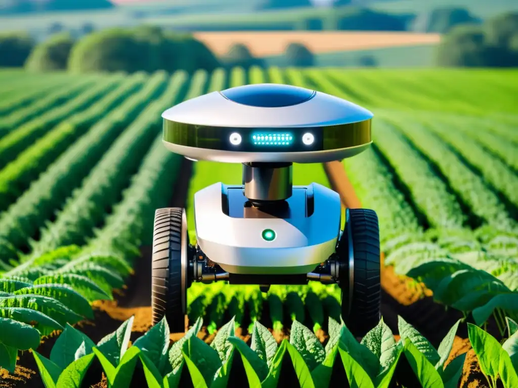 Un robot agrícola moderno con sensores avanzados y tecnología de agricultura de precisión recorriendo un exuberante campo de cultivos