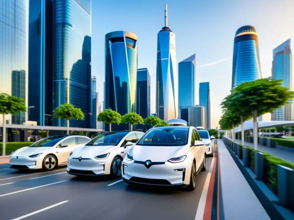 Modernos coches eléctricos en bulliciosa calle urbana, con redes de carga y energía renovable, impactando redes eléctricas