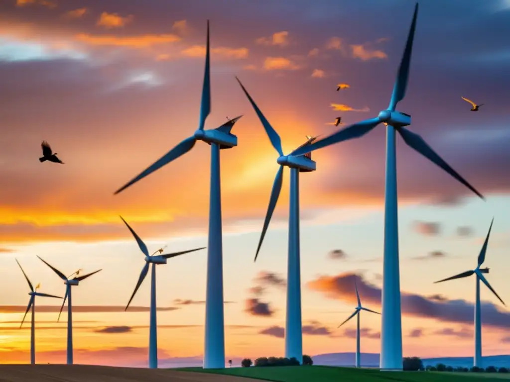 Un molino de viento se alza majestuoso ante un vibrante atardecer, con aves en vuelo