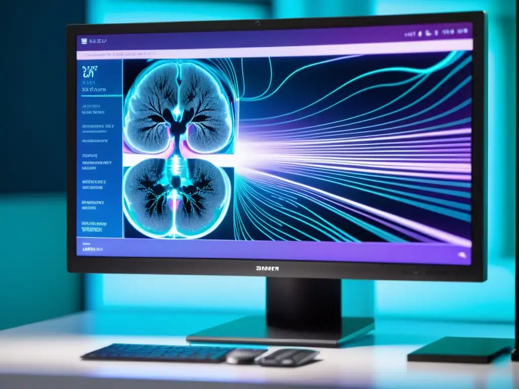 Un monitor muestra líneas de código y visualizaciones médicas en colores vibrantes, en un espacio futurista