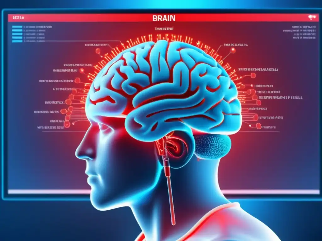 Monitor muestra renderizado 3D de cerebro humano, datos y código