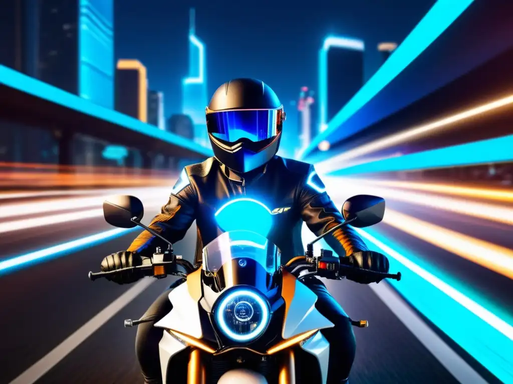 Una motocicleta futurista con diseño aerodinámico en una ciudad iluminada por luces de neón, rodeada de señales 5G brillantes