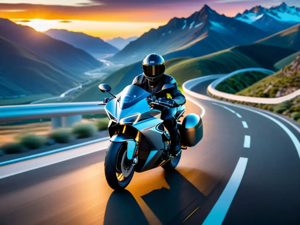 Una motocicleta futurista con tecnología 5G recorre una carretera escénica entre montañas al atardecer, destacando los beneficios de conducción con 5G