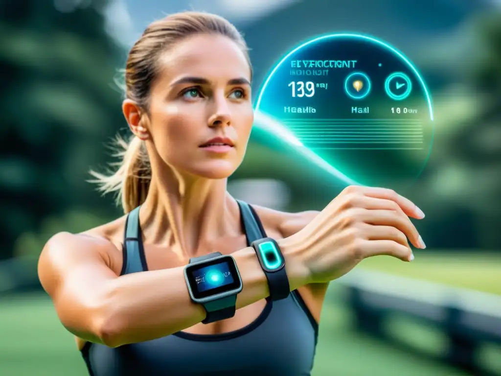 Una mujer usa un dispositivo wearable futurista mientras hace ejercicio al aire libre, con datos biométricos y estadísticas de salud en hologramas