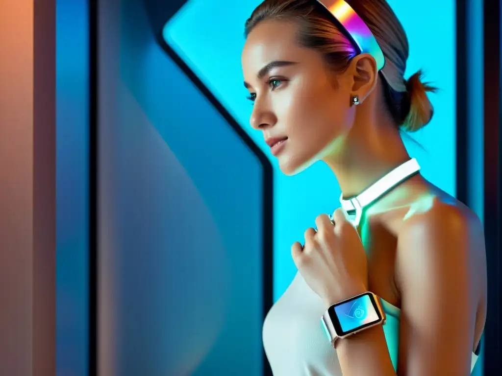 Una mujer moderna usando un smartwatch futurista que muestra datos de salud en holograma