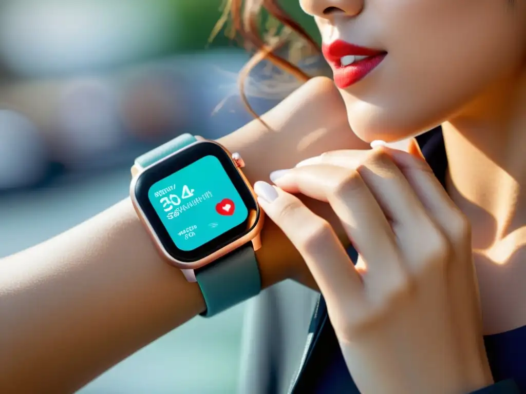 Una mujer usa un moderno smartwatch con pantalla de alta resolución que muestra datos de salud en tiempo real