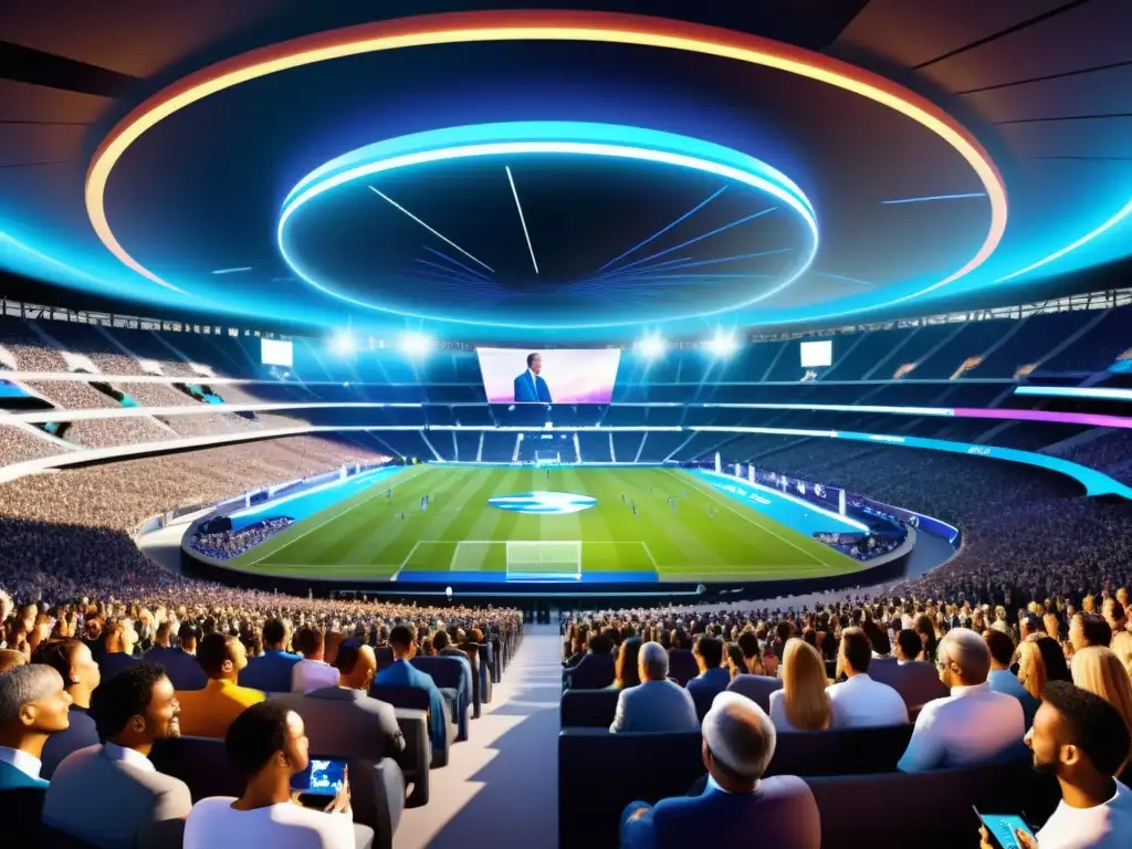 Estadio 5G: Experiencias interactivas y conectividad ultrarrápida Multitud disfrutando de beneficios del 5G en eventos masivos con tecnología de vanguardia y experiencias interactivas de realidad aumentada