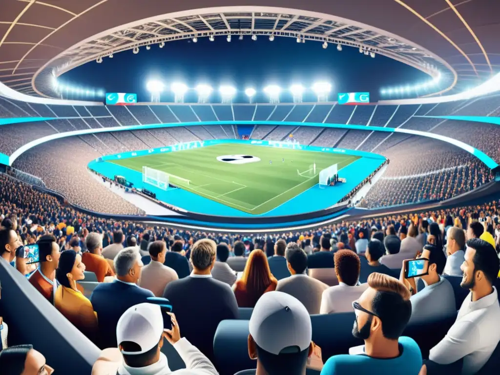 Estadio 5G: Conectividad y Realidad Aumentada Multitud en estadio, disfrutando con tecnología 5G, capturando momentos y mejorando la experiencia en eventos masivos