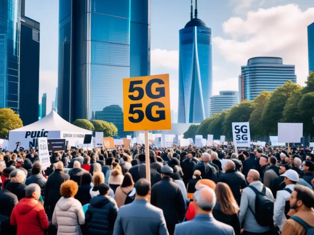 Multitud protesta en la ciudad contra la tecnología 5G, mostrando carteles y pancartas de resistencia pública