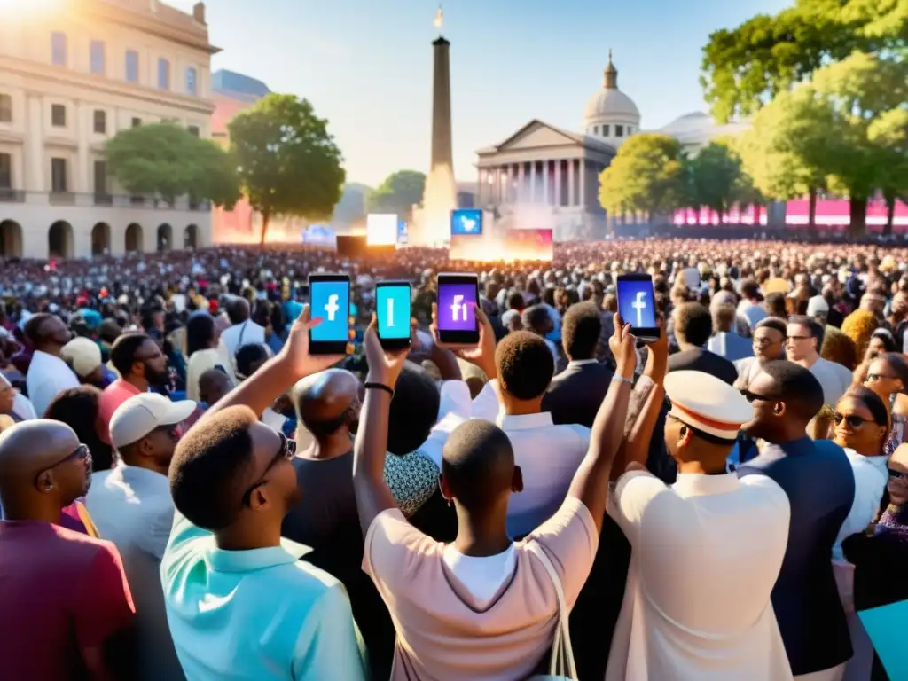 Multitud variada en plaza, con dispositivos mostrando redes sociales y mensajes políticos