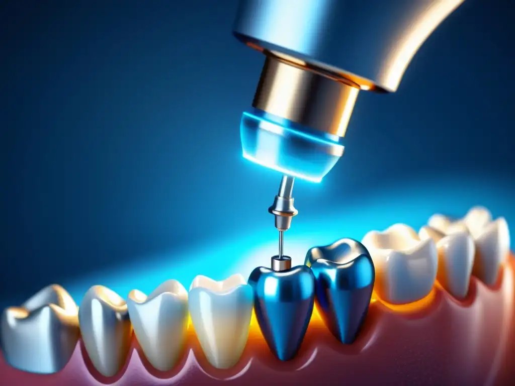 Un nanorobot dental futurista repara un diente a escala atómica con tecnología avanzada, rodeado de luz azul brillante