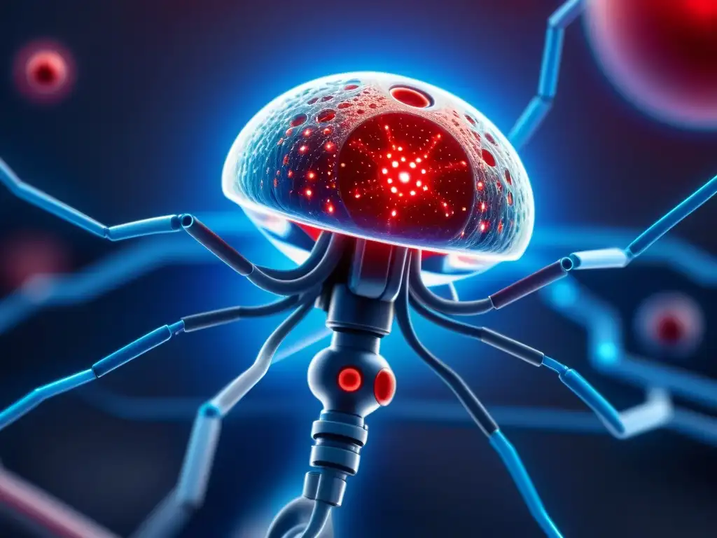 Un nanoRobot futurista navega por el torrente sanguíneo entre células rojas y azules
