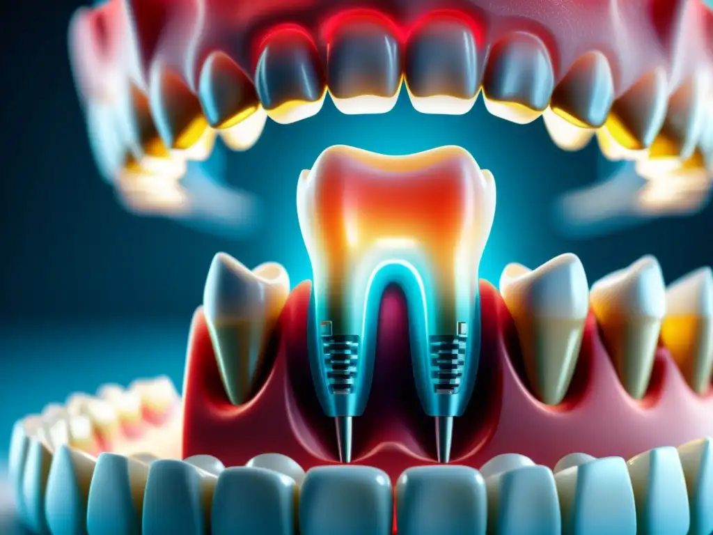 Un nanorobot de nanomedicina odontológica entrega tratamiento preciso en un diente, rodeado de tecnología atómica