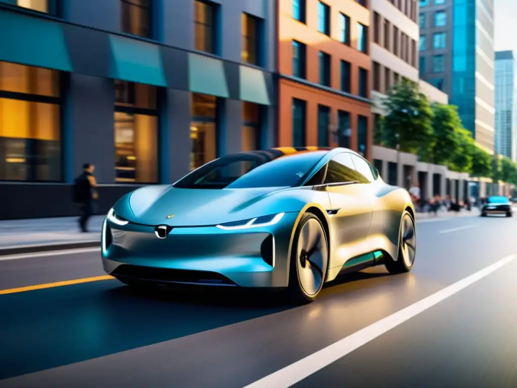 Nanosoluciones energéticas para vida cotidiana: un auto eléctrico futurista y elegante se desliza suavemente por una calle urbana vibrante, con nanotecnología energéticamente eficiente integrada en su diseño