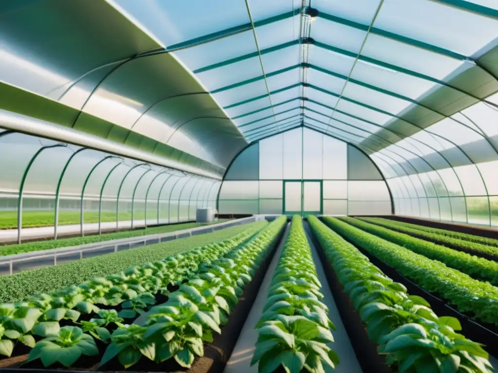 Nanotecnología en agricultura sostenible: Imagen de invernadero futurista con tecnología avanzada y prácticas éticas, rodeado de exuberante vegetación