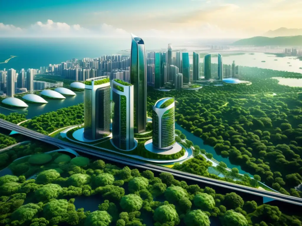 Nanotecnología y medio ambiente: paisaje urbano futurista con rascacielos sostenibles y naturaleza exuberante