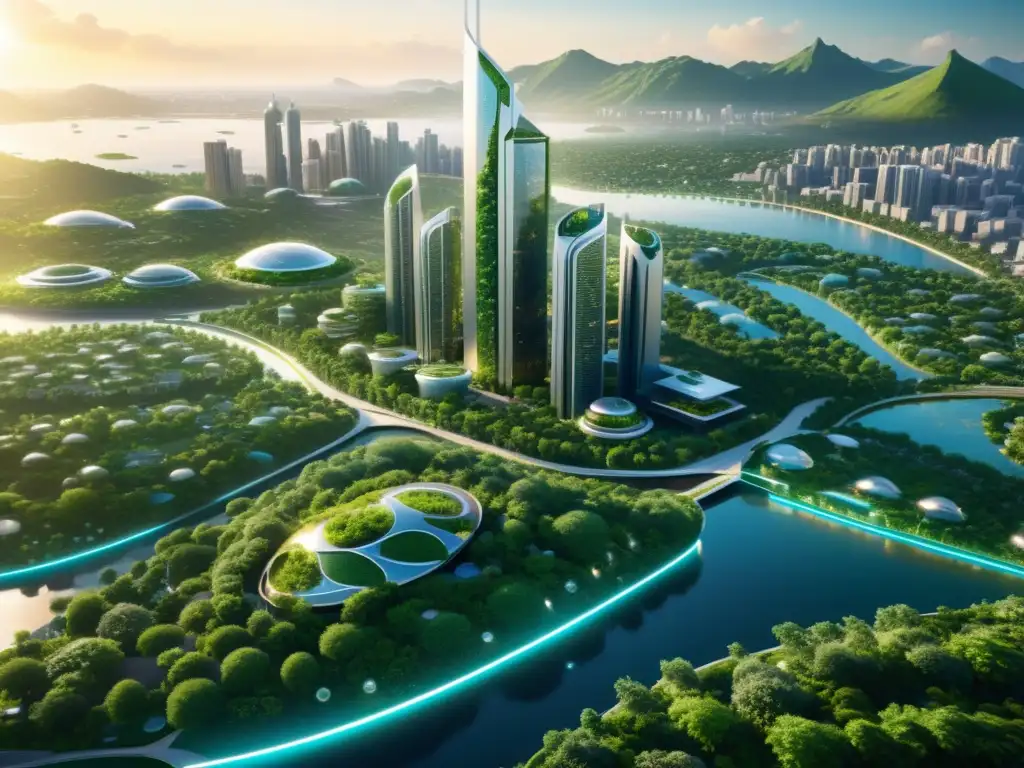 Nanotecnología beneficiosa para el medio ambiente: ciudad futurista, edificios ecológicos y naturaleza integrada en la arquitectura