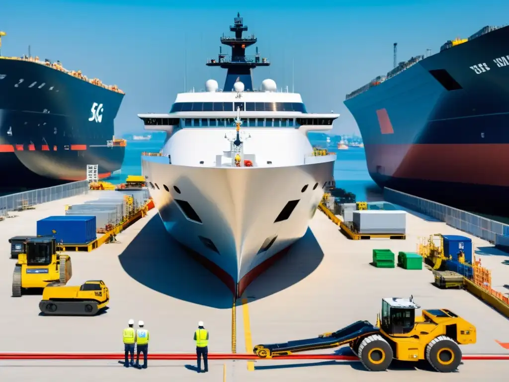 Naval innovador: 5G revoluciona construcción de barcos Transformación industria naval tecnología 5G: Moderno astillero con maquinaria avanzada y trabajadores colaborando en la construcción de futuristas embarcaciones, simbolizando la evolución de la industria naval con 5G