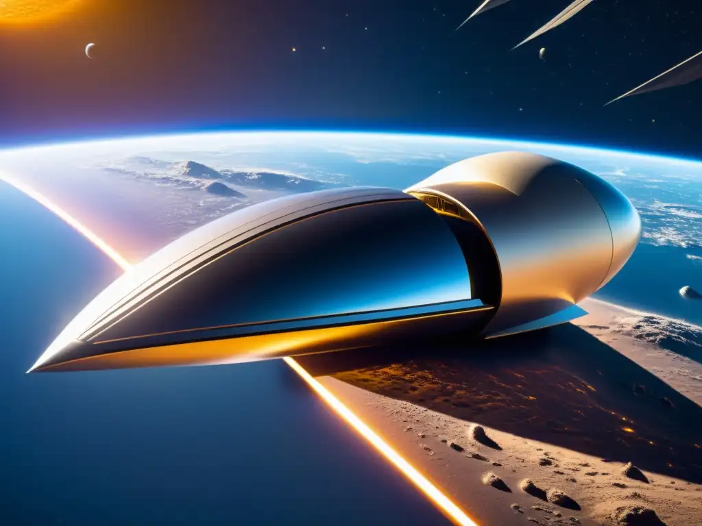 Nave espacial futurista con materiales de nanotecnología en la industria aeroespacial, resplandeciendo en el cosmos