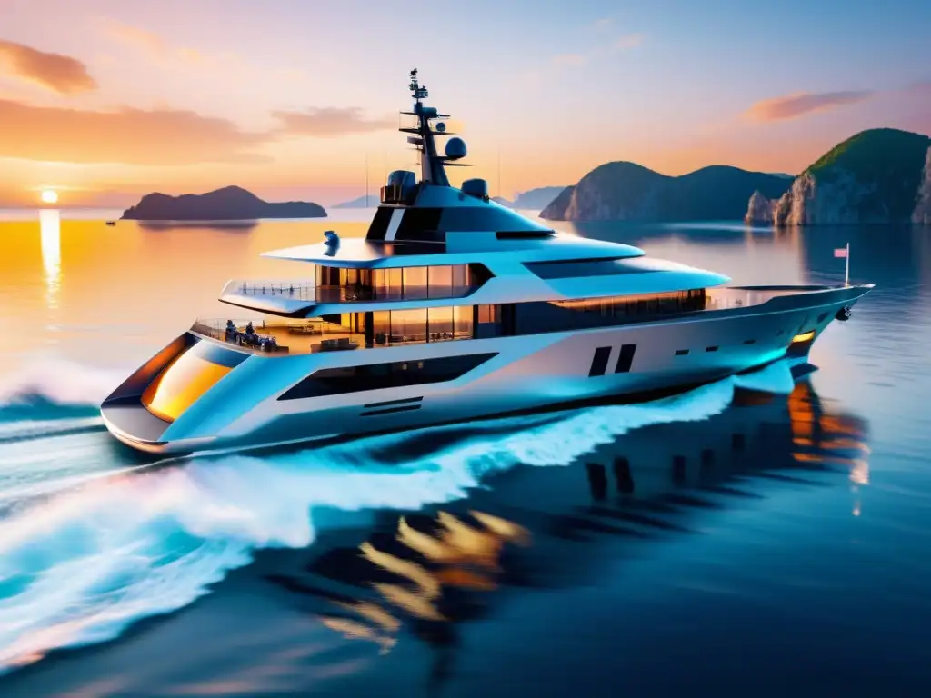 Barco naval futurista con tecnología 5G navegando al atardecer Navío futurista con tecnología 5G, navegando en aguas cristalinas al atardecer, simbolizando la transformación industria naval tecnología 5G