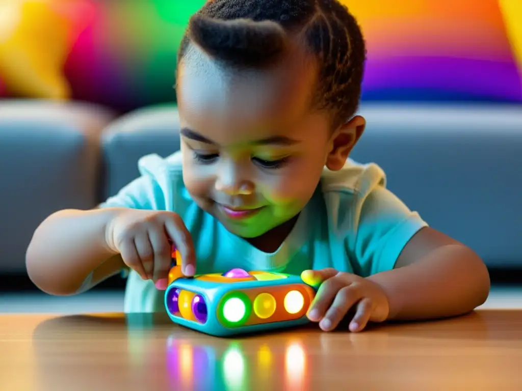 Un niño maravillado juega con un futurista juguete conectado, transmitiendo emoción y asombro