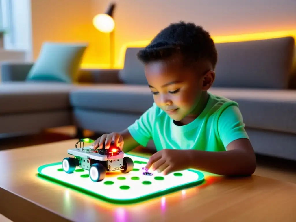 Un niño construye y programa un robot en una sala moderna y luminosa, con la madre observando y apoyando