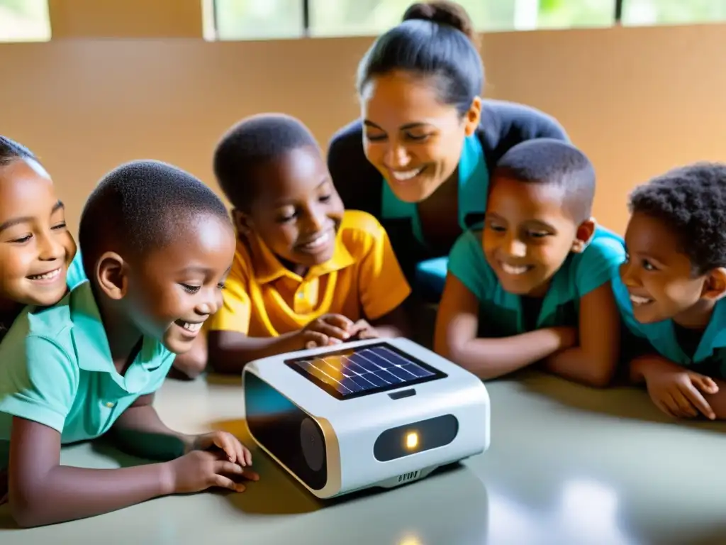 Niños de comunidad marginada disfrutan aprendizaje interactivo con robot impulsado por energía solar, impacto robótica comunidades marginadas