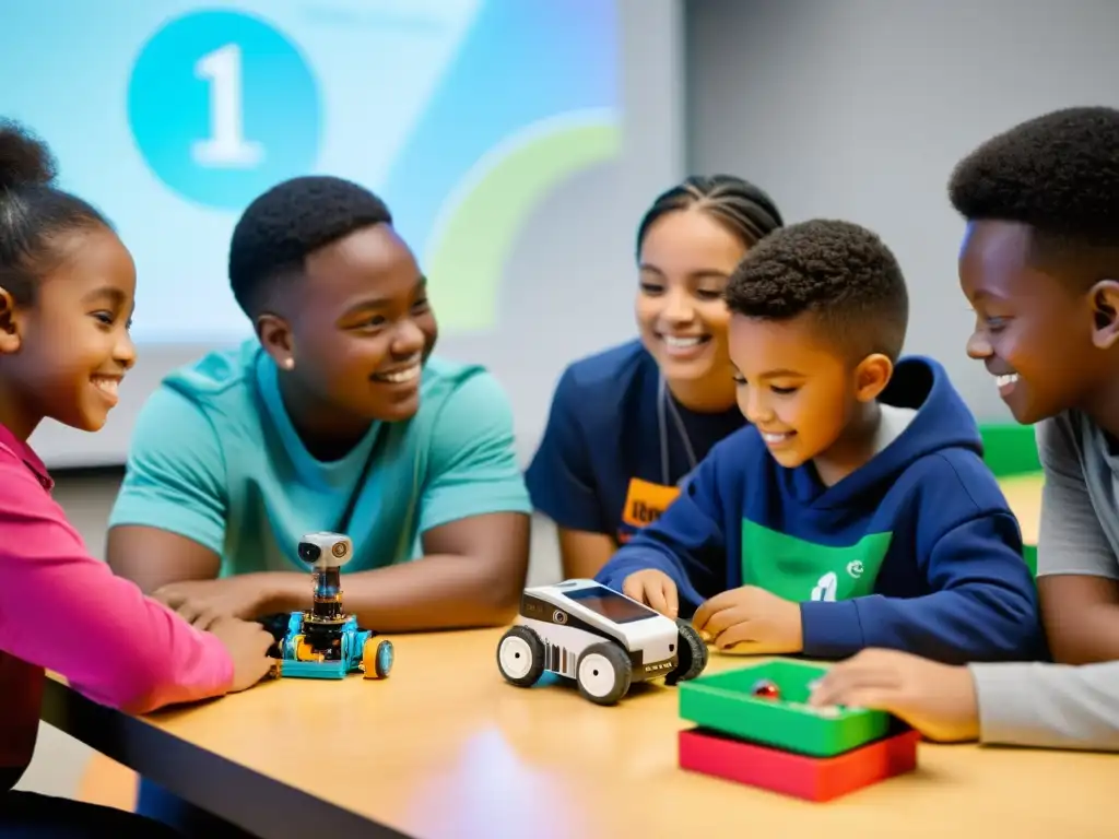 Niños entusiastas participan en un taller de robótica, construyendo y programando robots