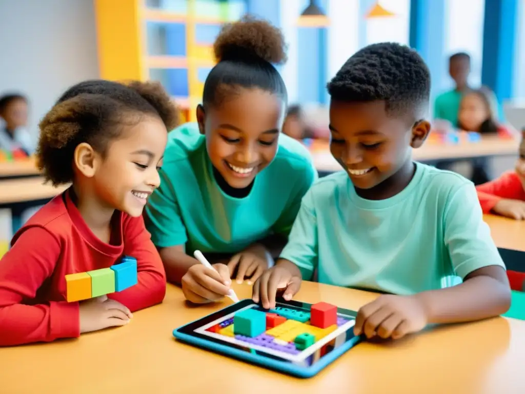 Niños felices colaboran en la construcción y programación de un robot con bloques de colores