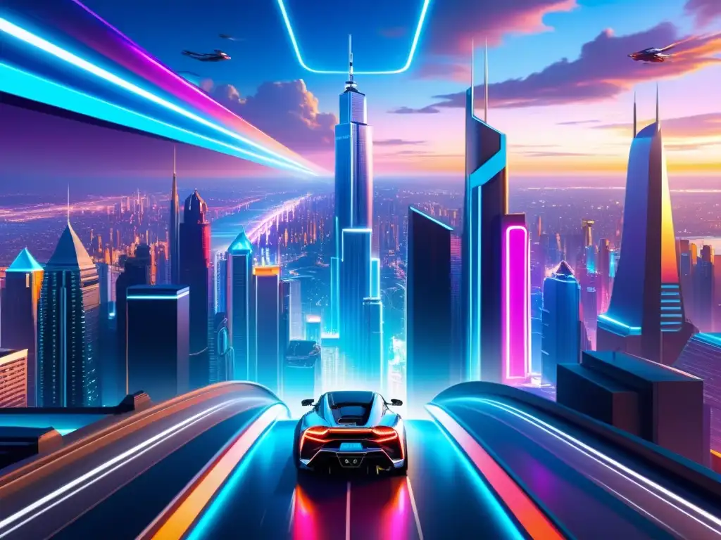 Una obra de arte digital fascinante que representa un paisaje urbano futurista con luces de neón vibrantes, rascacielos imponentes y superficies reflectantes