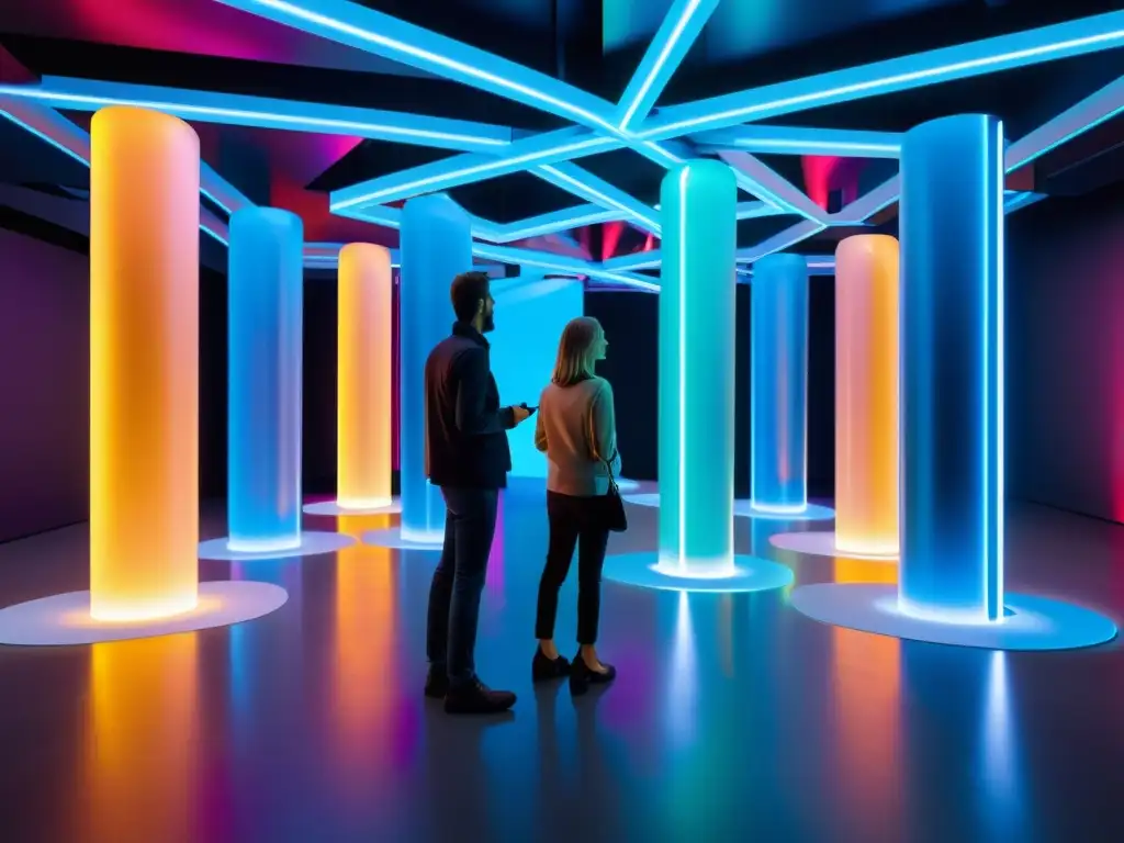 Obra de arte futurista con esculturas metálicas, luces LED y tecnología IoT en la expresión creativa