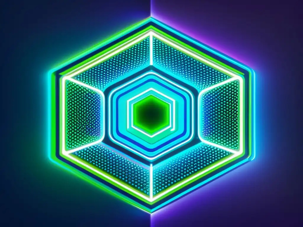 Una obra digital abstracta que captura la importancia de la criptografía en línea con patrones geométricos vibrantes en tonos de azul, verde y morado, evocando la complejidad y la interconexión de la seguridad en línea